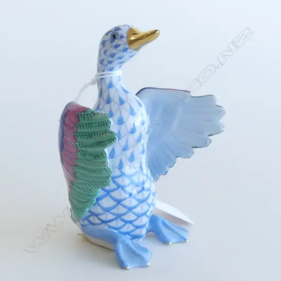 A Herend Porcelain duck,  in blue 'fishnet' pattern